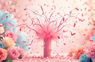 Pink confetti exploding in air with pastel flowers and celebration props on grass in outdoor garden setting