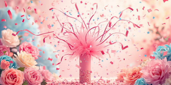 Pink confetti exploding in air with pastel flowers and celebration props on grass in outdoor garden setting