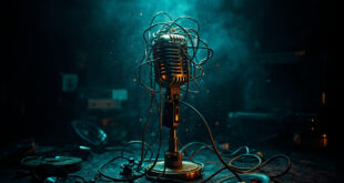 Vintage microphone surrounded by film reels and cables dissolving into digital glitch patterns in dark studio