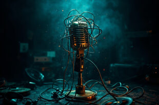 Vintage microphone surrounded by film reels and cables dissolving into digital glitch patterns in dark studio