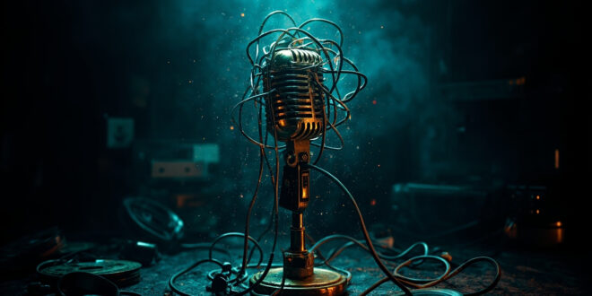 Vintage microphone surrounded by film reels and cables dissolving into digital glitch patterns in dark studio