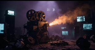 Film projector and scattered reels beside glitching monitor in darkened room with purple and silver tones