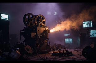 Film projector and scattered reels beside glitching monitor in darkened room with purple and silver tones