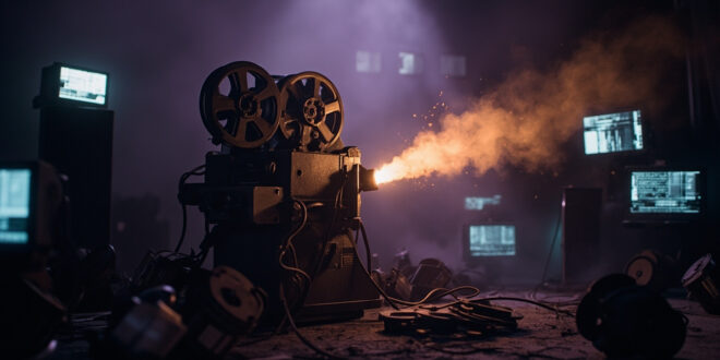 Film projector and scattered reels beside glitching monitor in darkened room with purple and silver tones