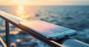 Smartphone with glowing screen positioned on cruise ship railing with endless ocean horizon in background