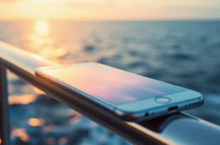 Smartphone with glowing screen positioned on cruise ship railing with endless ocean horizon in background