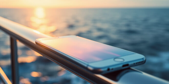 Smartphone with glowing screen positioned on cruise ship railing with endless ocean horizon in background