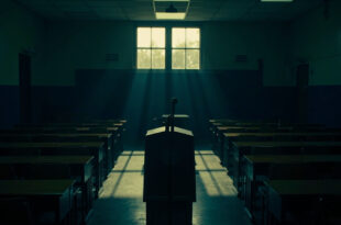 Empty wooden podium with microphone in high school auditorium, state seal on front panel, desks in background.