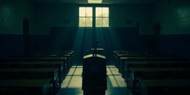 Empty wooden podium with microphone in high school auditorium, state seal on front panel, desks in background.