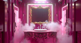 Luxury bathroom interior with ornate mirror, dramatic lighting, and rising steam in reality show container set