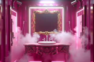 Luxury bathroom interior with ornate mirror, dramatic lighting, and rising steam in reality show container set