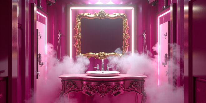 Luxury bathroom interior with ornate mirror, dramatic lighting, and rising steam in reality show container set