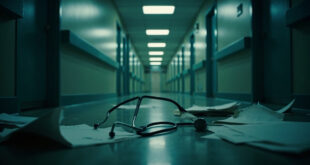 Empty hospital hallway with stethoscope and papers on floor, closed clinic doors visible, cold institutional lighting