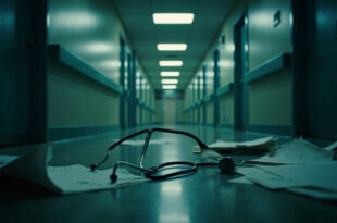 Empty hospital hallway with stethoscope and papers on floor, closed clinic doors visible, cold institutional lighting