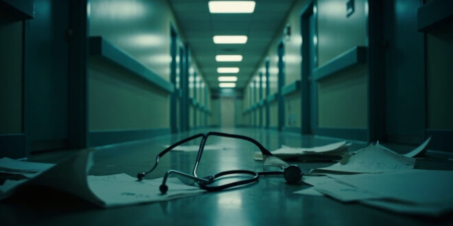 Empty hospital hallway with stethoscope and papers on floor, closed clinic doors visible, cold institutional lighting