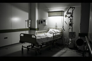 Empty hospital bed with IV stand and medical equipment in bare clinical ward