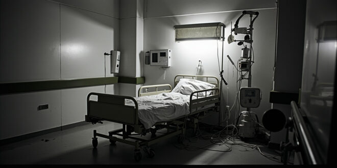 Empty hospital bed with IV stand and medical equipment in bare clinical ward