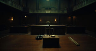 Dark wooden judge's bench with brass scales of justice in shadowy federal courtroom