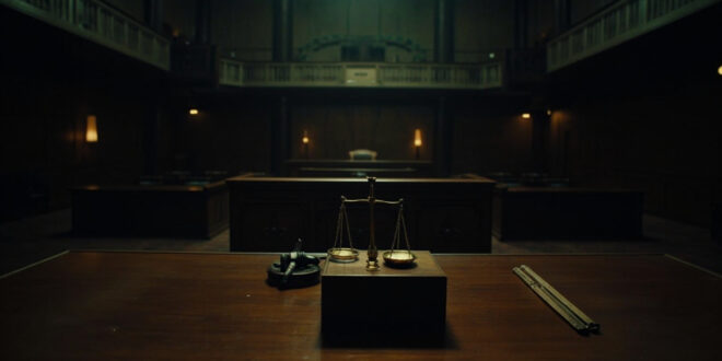 Dark wooden judge's bench with brass scales of justice in shadowy federal courtroom