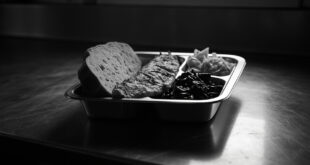 Institutional meal tray with baked fish, vegetables, and bread on stark surface under fluorescent light