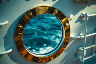 Open circular porthole on white cruise ship exterior with metal railing against ocean backdrop
