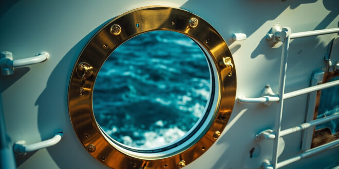 Open circular porthole on white cruise ship exterior with metal railing against ocean backdrop