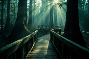 Wooden boardwalk railing overlooking bear enclosure fencing in misty redwood forest at dawn