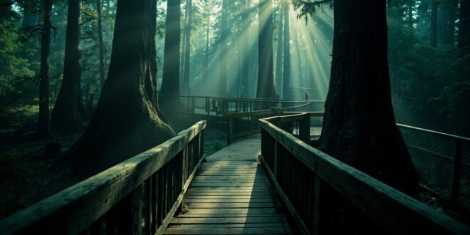Wooden boardwalk railing overlooking bear enclosure fencing in misty redwood forest at dawn