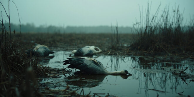Dead crane lying in shallow marsh water surrounded by reeds and wet grasses under gray sky