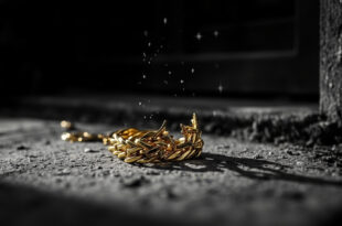 Heavy gold bracelet on dark concrete doorstep with dramatic shadows and weathered door frame in background