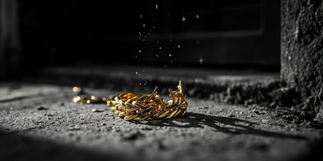 Heavy gold bracelet on dark concrete doorstep with dramatic shadows and weathered door frame in background