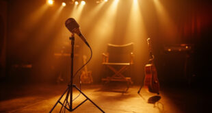 Vintage microphone stand on empty stage with warm amber lighting and acoustic guitar resting against amplifier
