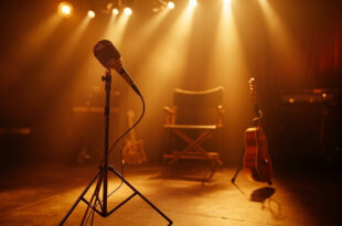 Vintage microphone stand on empty stage with warm amber lighting and acoustic guitar resting against amplifier
