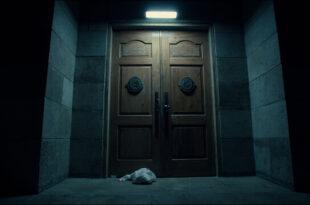 Heavy government door with electronic lock and evidence bag in harsh lighting, concrete walls frame the entrance