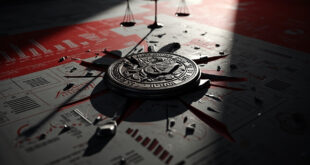 Fractured official seal surrounded by statistical charts showing declining trust percentages in muted colors.