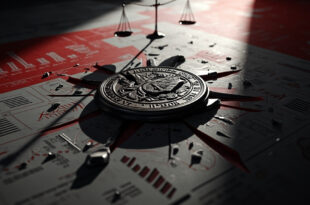 Fractured official seal surrounded by statistical charts showing declining trust percentages in muted colors.