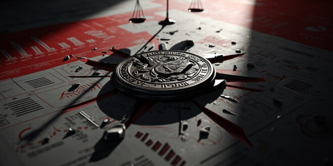 Fractured official seal surrounded by statistical charts showing declining trust percentages in muted colors.