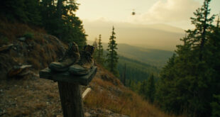 Rescue helicopter descending toward rocky wilderness clearing surrounded by dense pine forest and mountain peaks