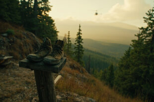 Rescue helicopter descending toward rocky wilderness clearing surrounded by dense pine forest and mountain peaks