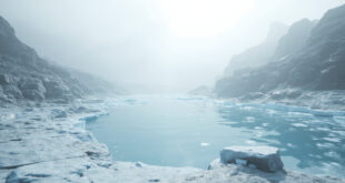 Alpine glacial lake surrounded by exposed rocky terrain where ice previously covered the landscape