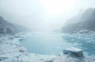 Alpine glacial lake surrounded by exposed rocky terrain where ice previously covered the landscape