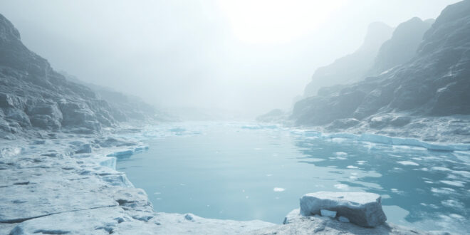 Alpine glacial lake surrounded by exposed rocky terrain where ice previously covered the landscape