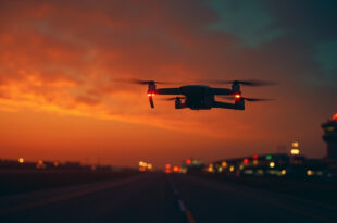 Drone hovering near airport runway lights at dusk with control tower in background under restricted airspace