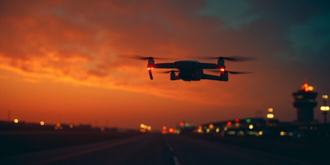 Drone hovering near airport runway lights at dusk with control tower in background under restricted airspace