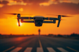 Drone hovering near airport runway at sunset with control tower in background and empty tarmac