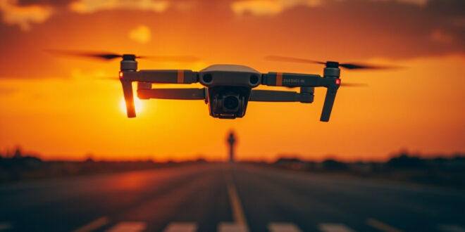 Drone hovering near airport runway at sunset with control tower in background and empty tarmac