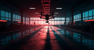 Dark drone hovering above empty airport terminal with scattered suitcases and emergency lighting