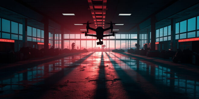 Dark drone hovering above empty airport terminal with scattered suitcases and emergency lighting