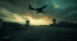 Dark military drone flying over empty airport runway with control tower in background under stormy evening sky