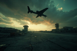 Dark military drone flying over empty airport runway with control tower in background under stormy evening sky